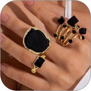 Chunky Gold Statement Ring – Vintage Black Drip Cocktail Ring for Women